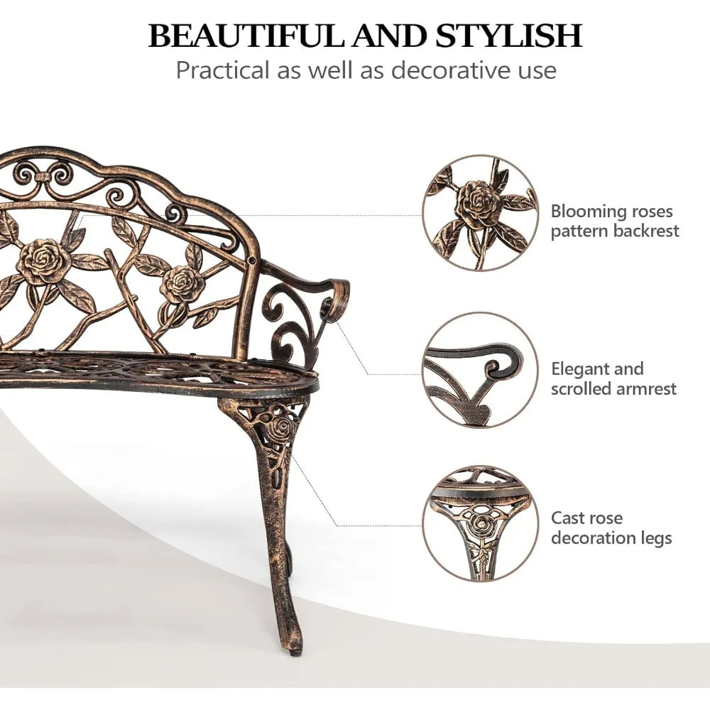 38.5" Patio Park Garden Outdoor Metal Rose Bench,Cast Iron Cast Aluminium Frame Antique Finish Chair