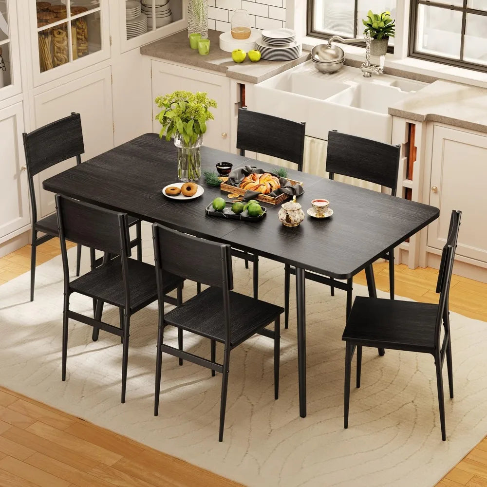 7-Piece Dining Table for 4-6, 63” Large Extendable Kitchen Table Set with 6 Chairs, Dining Table Set for Kitchen