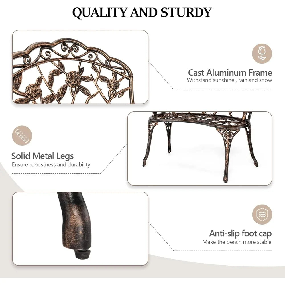 38.5" Patio Park Garden Outdoor Metal Rose Bench,Cast Iron Cast Aluminium Frame Antique Finish Chair