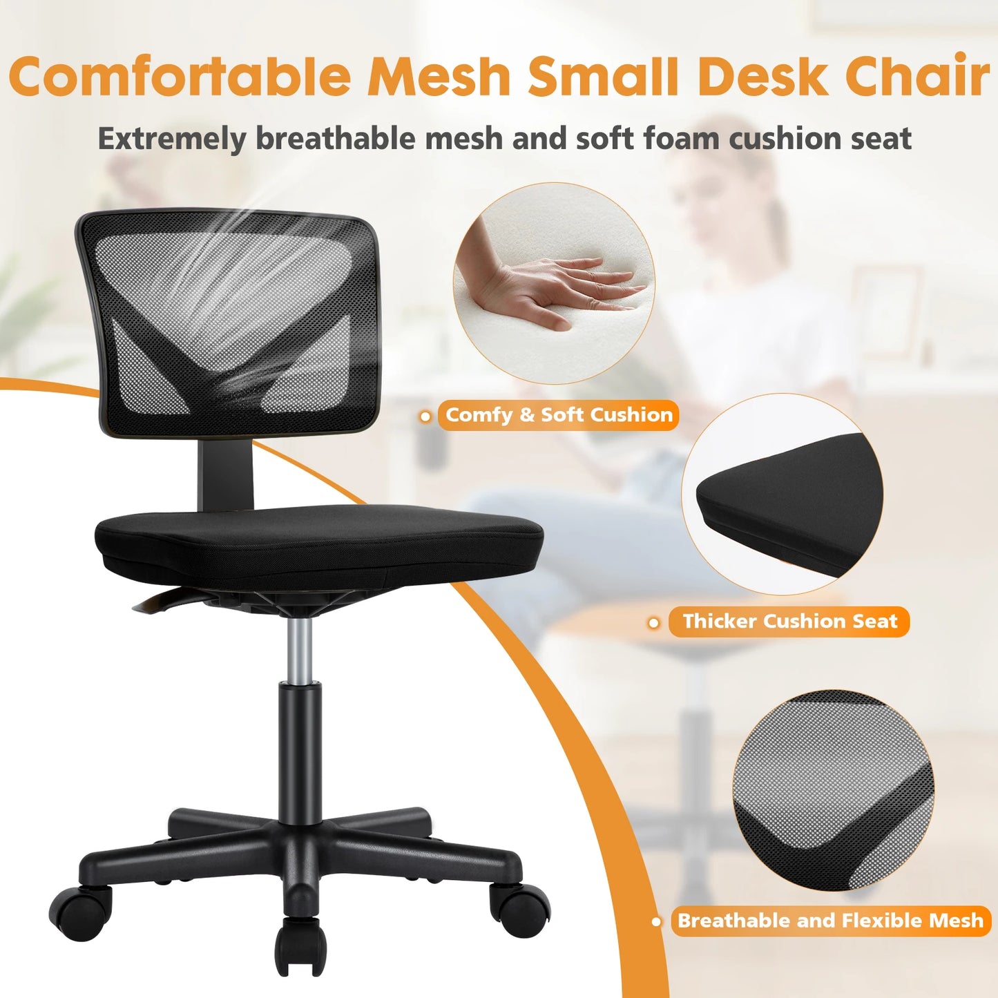 Office Mesh with Lumbar Support Armless Chair
Low Back with Wheels Adjustable Height 360° Rolling Swivel Computer Chair
