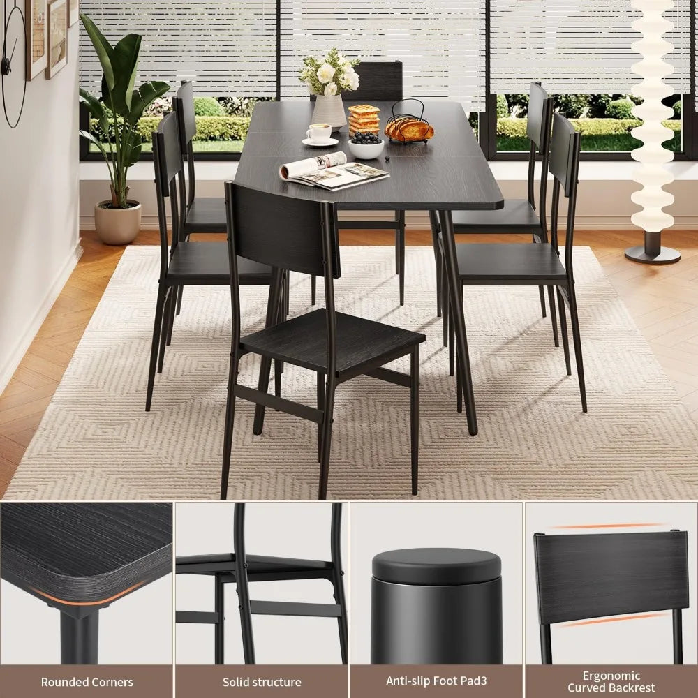 7-Piece Dining Table for 4-6, 63” Large Extendable Kitchen Table Set with 6 Chairs, Dining Table Set for Kitchen