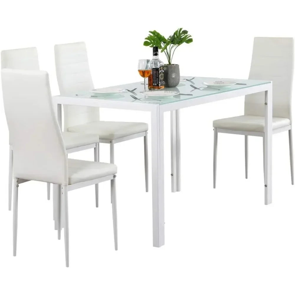 White Restaurant Chair Set, PU Leather, Sturdy Legs, Waterproof Seat, High Back Soft Cushion, 4 Pcs
