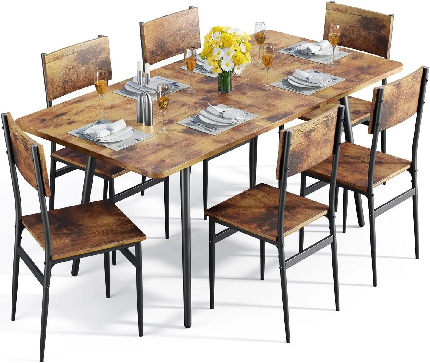 7-Piece Dining Table for 4-6, 63” Large Extendable Kitchen Table Set with 6 Chairs, Dining Table Set for Kitchen