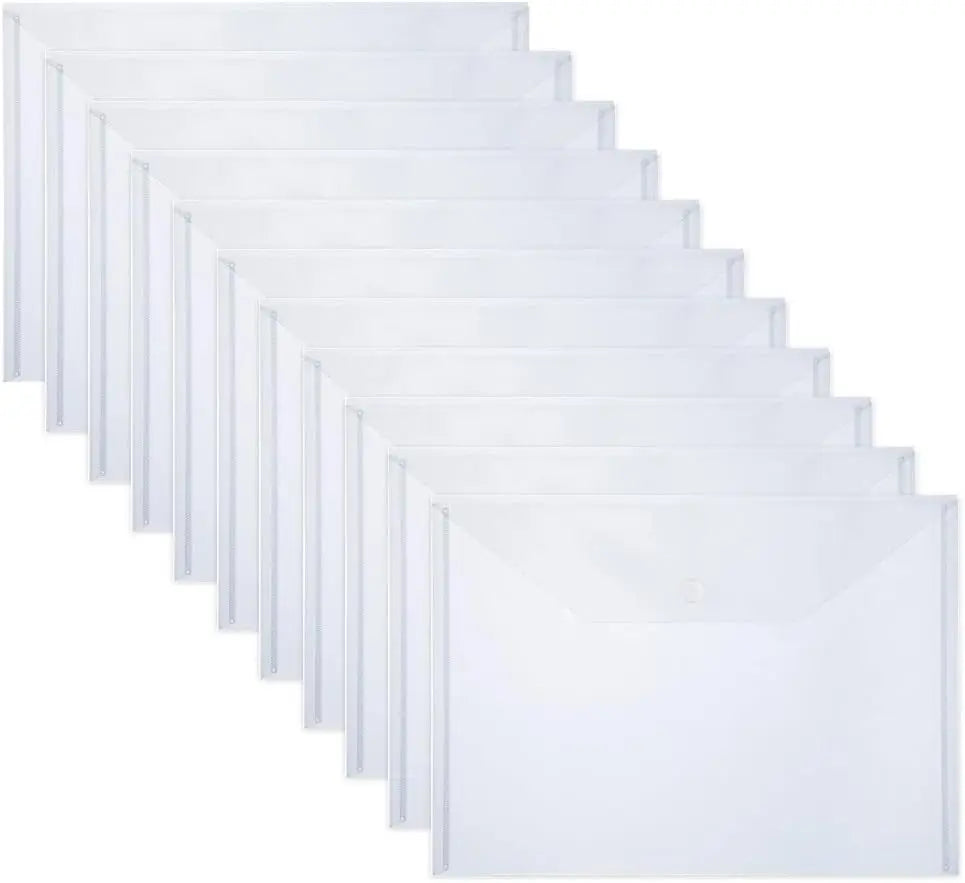 10 PCS Plastic Folders for Document,
A4 Size Plastic Envelopes with Snap Closure,
Clear File Folders Bags for School Office