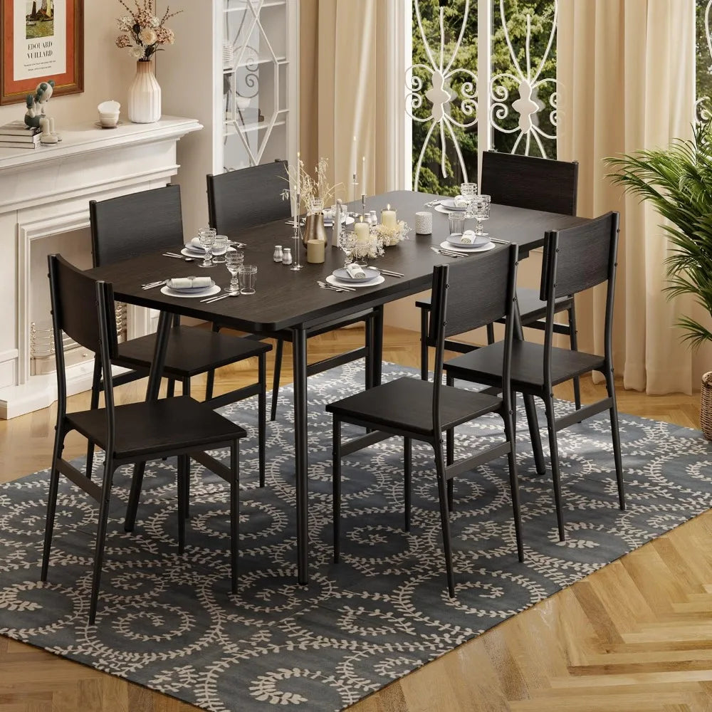 7-Piece Dining Table for 4-6, 63” Large Extendable Kitchen Table Set with 6 Chairs, Dining Table Set for Kitchen