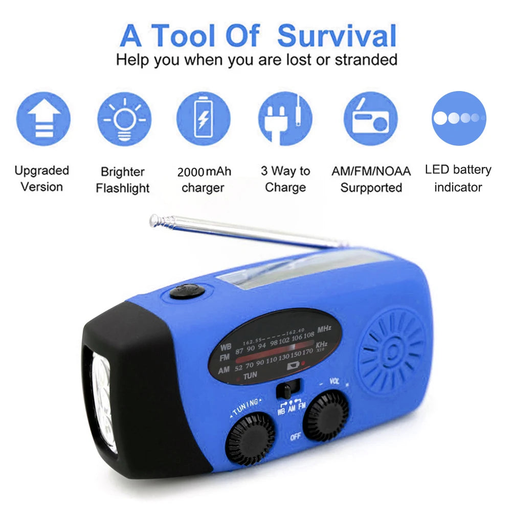 AM/FM/NOAA Weather Pocket Flashlight Radio SOS LED Emergency Radio Solar Hand Crank Powered Wind Up Phone Charger Bank