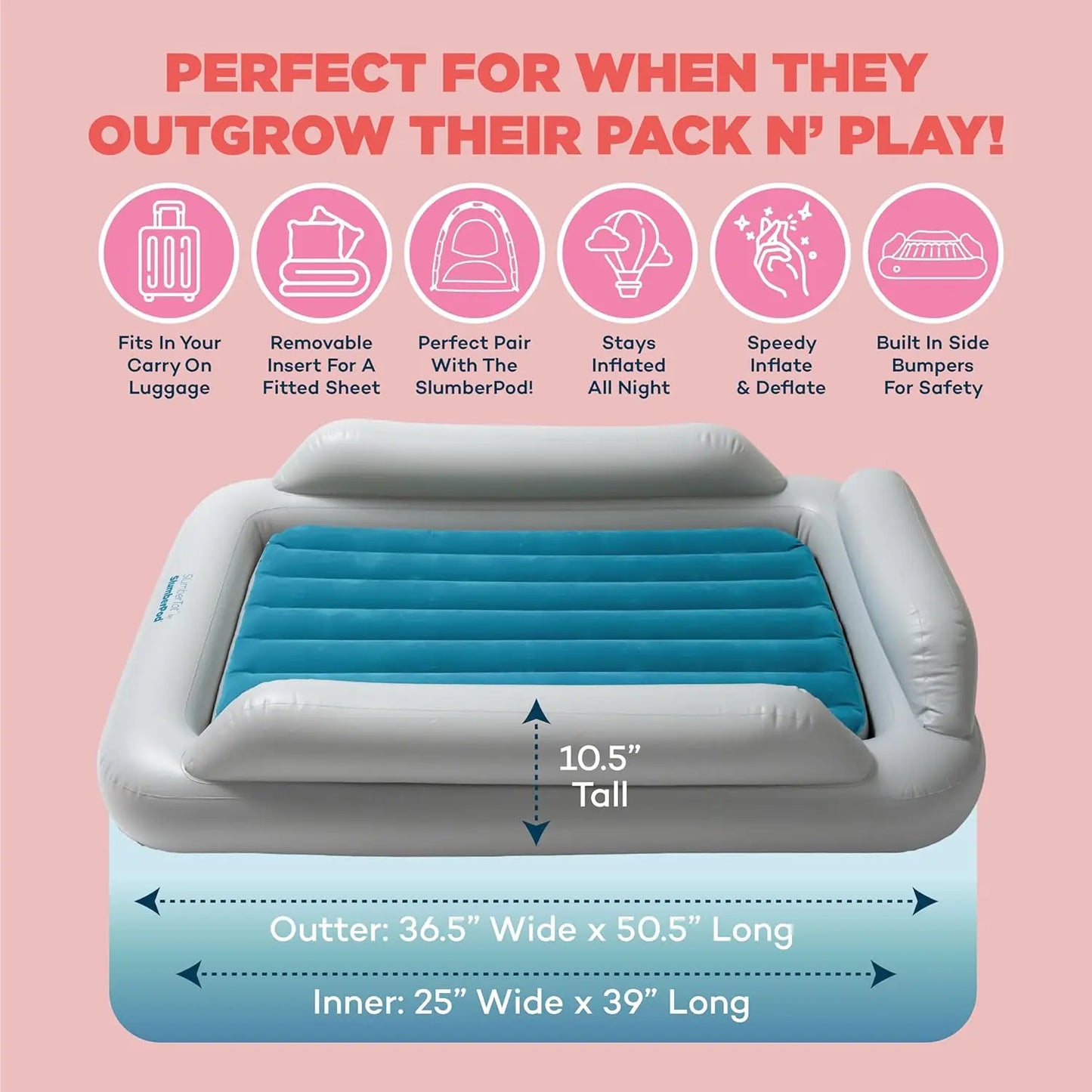 Inflatable Toddler Travel Bed - Portable Kids Air Mattress with Safety Bumpers - Perfectly Sized Ideal for Travel or Home
