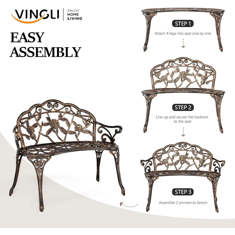 38.5" Patio Park Garden Outdoor Metal Rose Bench,Cast Iron Cast Aluminium Frame Antique Finish Chair
