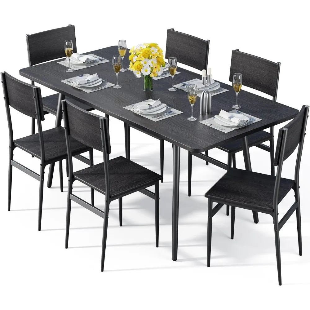 7-Piece Dining Table for 4-6, 63” Large Extendable Kitchen Table Set with 6 Chairs, Dining Table Set for Kitchen
