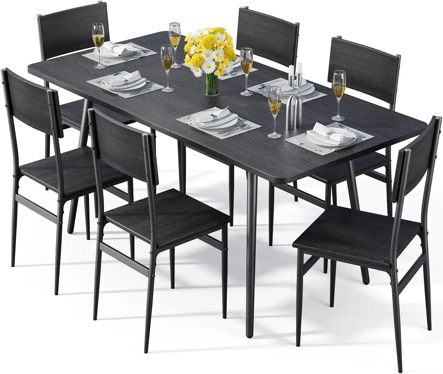 7-Piece Dining Table for 4-6, 63” Large Extendable Kitchen Table Set with 6 Chairs, Dining Table Set for Kitchen
