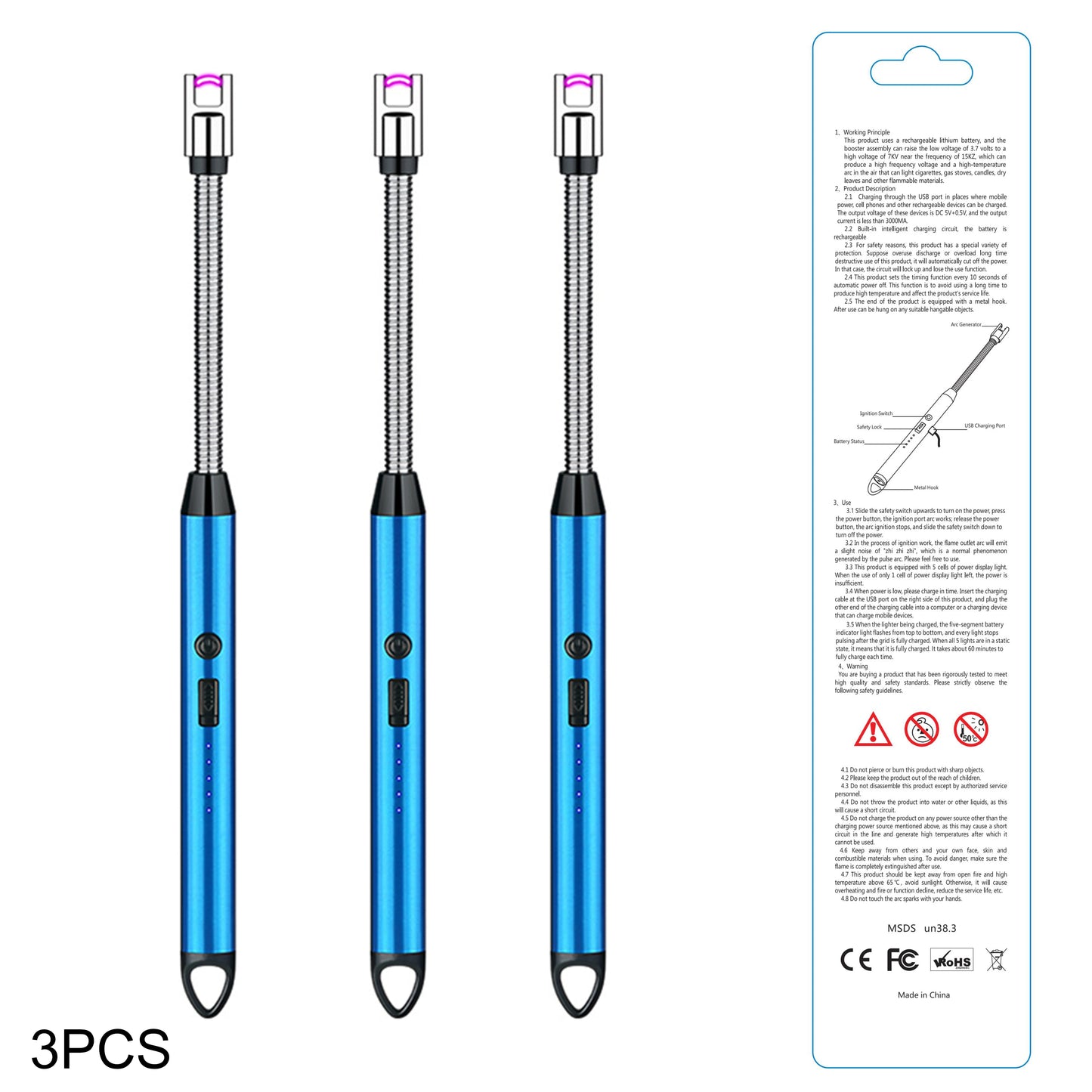 3pcs Rechargeable Electric Lighters, TYPE-C Plasma Arc Kitchen Lighter, Windproof Arc Lighter, Candle Lighter, BBQ Grill Lighter