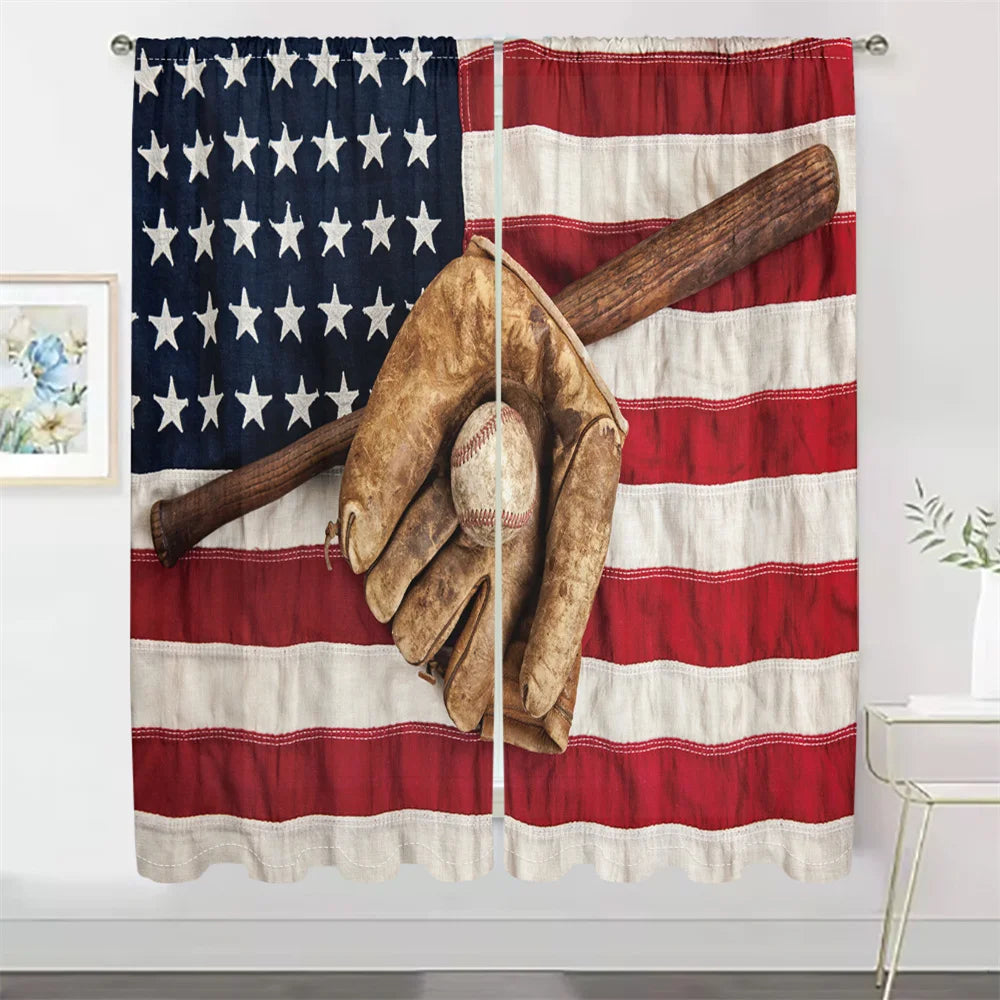 2Pcs American Sports Curtains Baseball Flag Pattern Living Room Bedroom Kids Room Sunshade Patriotic Theme Decor Curtains