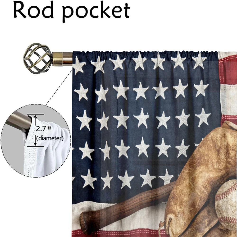 2Pcs American Sports Curtains Baseball Flag Pattern Living Room Bedroom Kids Room Sunshade Patriotic Theme Decor Curtains