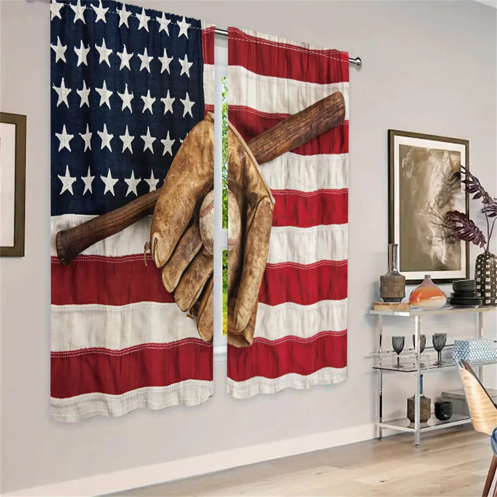 2Pcs American Sports Curtains Baseball Flag Pattern Living Room Bedroom Kids Room Sunshade Patriotic Theme Decor Curtains