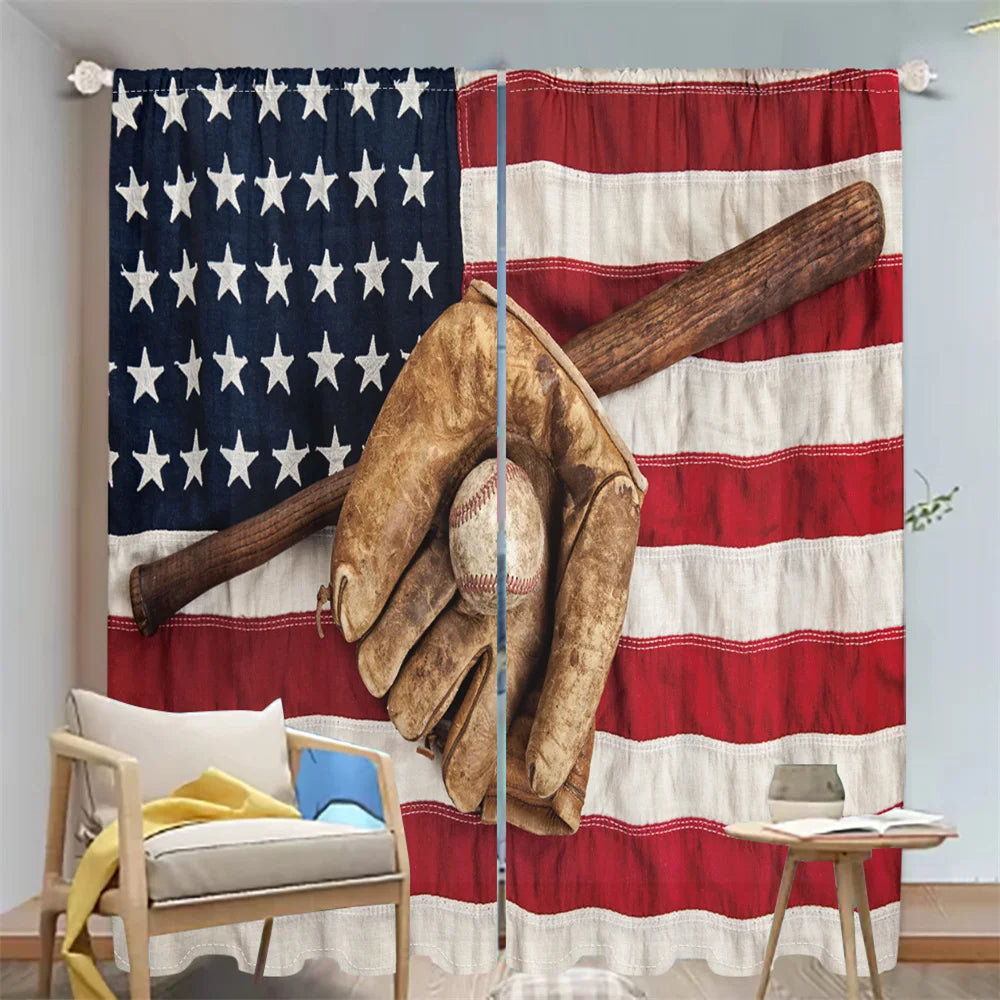 2Pcs American Sports Curtains Baseball Flag Pattern Living Room Bedroom Kids Room Sunshade Patriotic Theme Decor Curtains