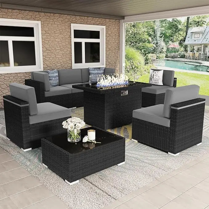 8 Piece Patio Furniture Set with 44" Propane Gas Fire Pit Table, Outdoor Wicker Conversation Sofa Set with Coffee Table