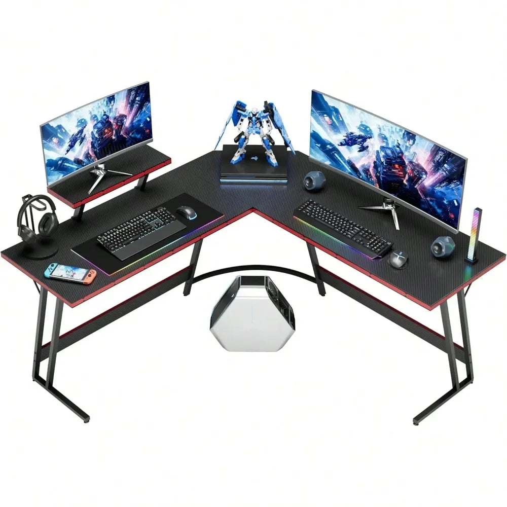 L Shaped Gaming Desk Computer Corner Desk PC Gaming Desk Table With Large Monitor Riser Stand For Home Office Sturdy Writing Wo