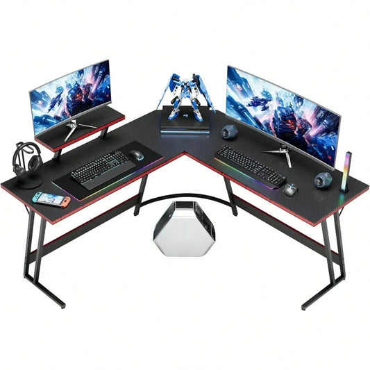 L Shaped Gaming Desk Computer Corner Desk PC Gaming Desk Table With Large Monitor Riser Stand For Home Office Sturdy Writing Wo