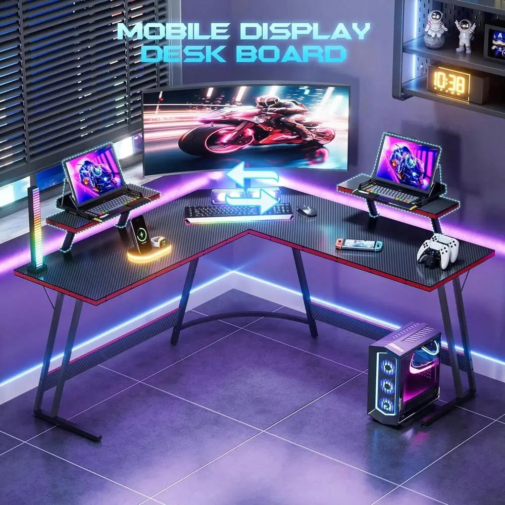 L Shaped Gaming Desk Computer Corner Desk PC Gaming Desk Table With Large Monitor Riser Stand For Home Office Sturdy Writing Wo
