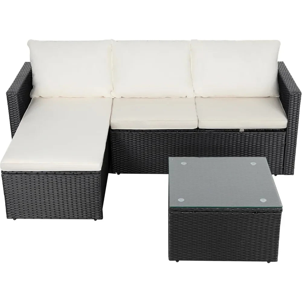 All-Weather Rattan Wicker Sofa with Washable Cushion and Glass Table