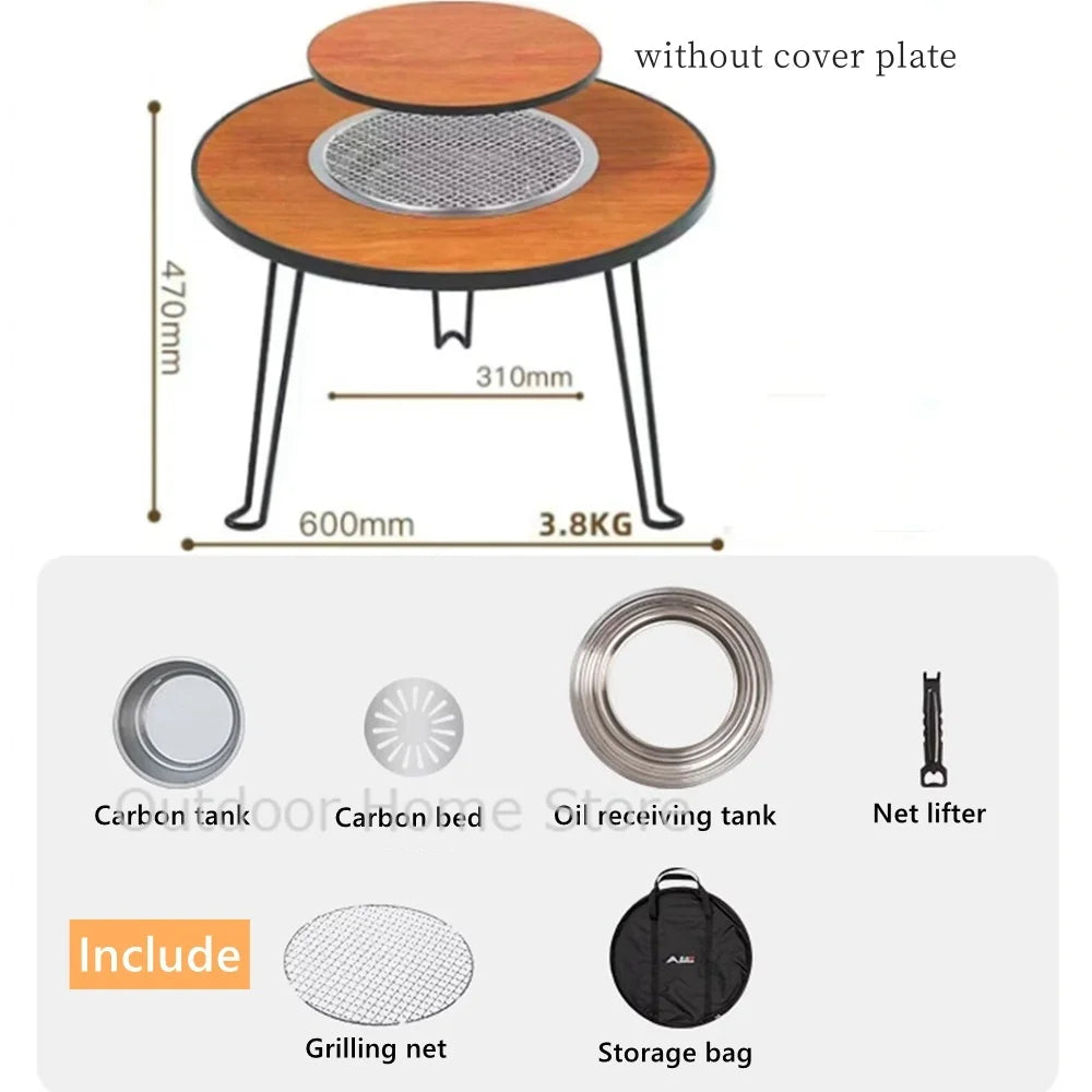 Folding Barbecue Round Table Wood Stove Portable Camping BBQ Charcoal Grill Lightweight Brazier Table Picnic Patio Tea Boiling