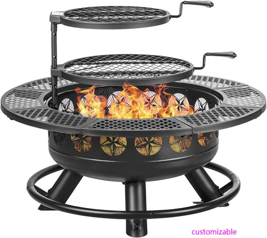 36 Inch Fire Pit with 2 Cooking Grills,Outdoor Wood Burning BBQ Firepit with Lid, 3-in-1 Outdoor Fire Pit