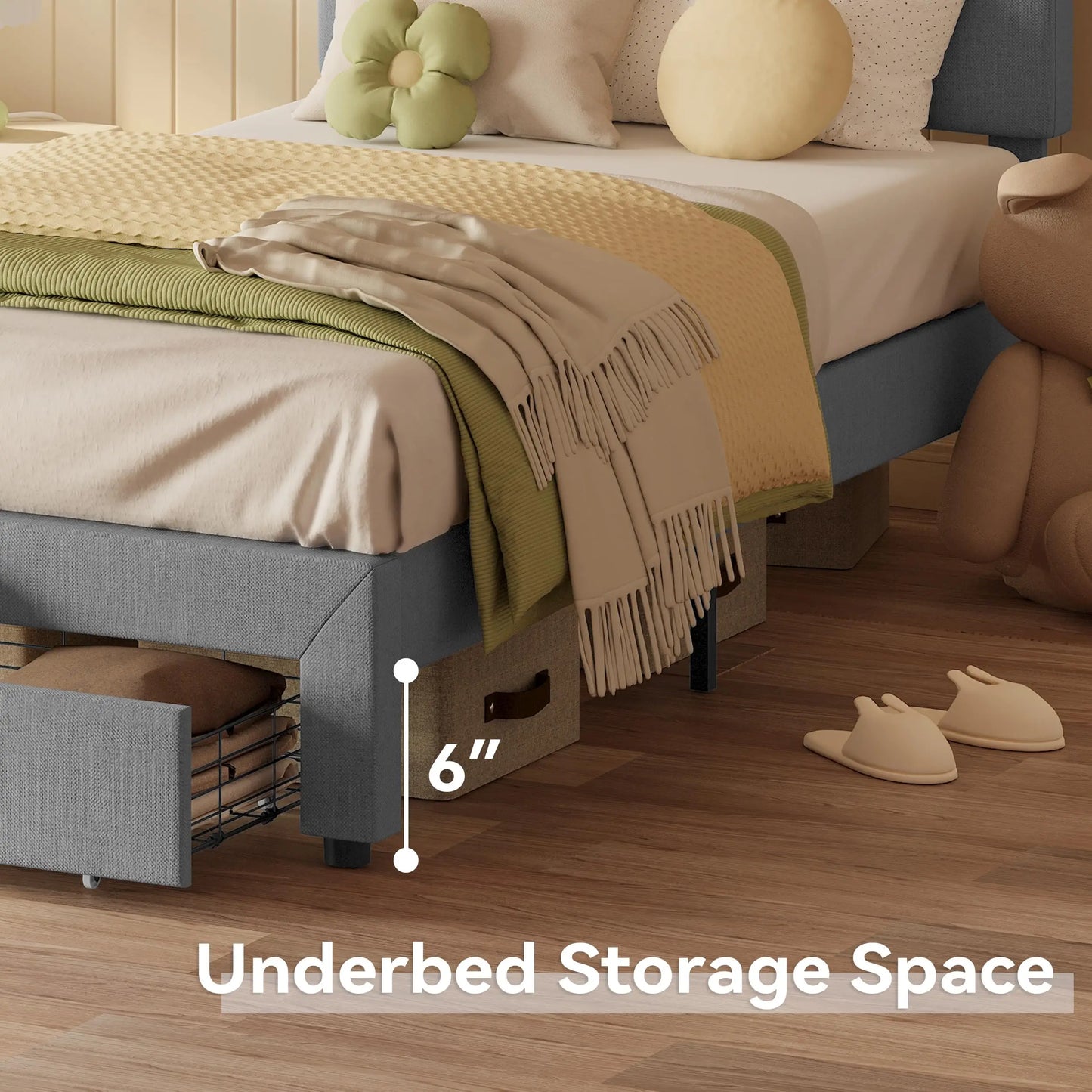 LIKIMIO Twin Bed Frame with Under-Bed Drawer, Platform Upholstered Bed with Headboard, No Box Spring Needed, Light Grey