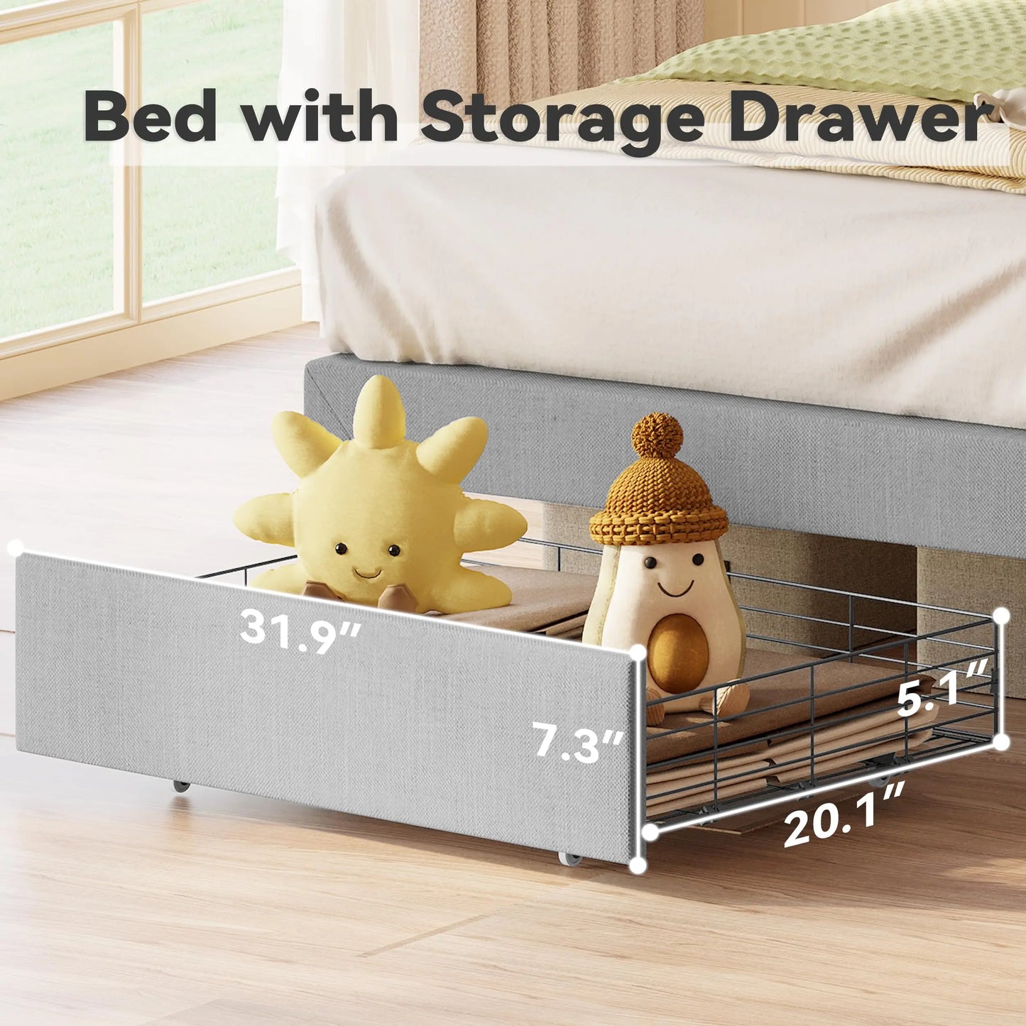 LIKIMIO Twin Bed Frame with Under-Bed Drawer, Platform Upholstered Bed with Headboard, No Box Spring Needed, Light Grey