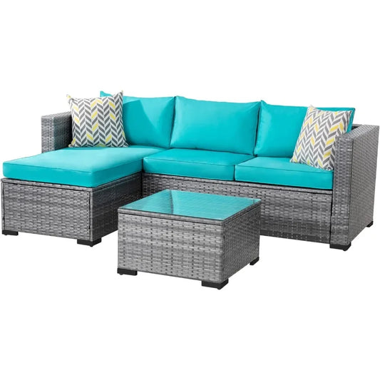 All-Weather Rattan Wicker Sofa with Washable Cushion and Glass Table