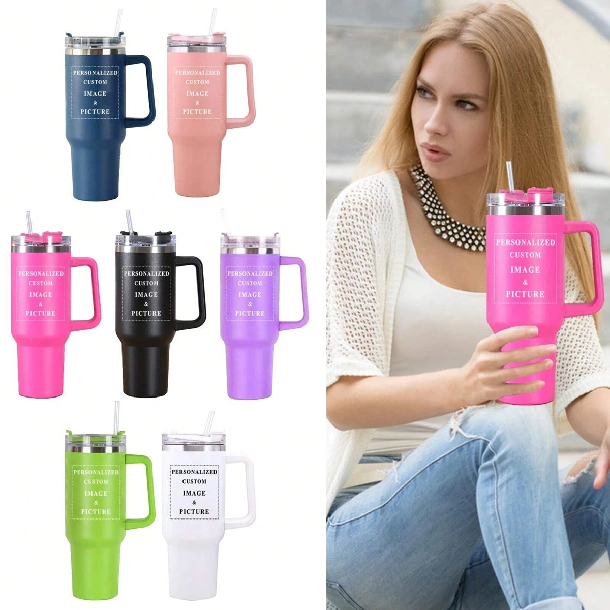 Customed Picture 40oz Insulated Water Portable Bottle Stainless Steel Tumbler Coffee Cup Travel  Water Cups Large Capacity