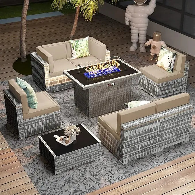 8 Piece Patio Furniture Set with 44" Propane Gas Fire Pit Table, Outdoor Wicker Conversation Sofa Set with Coffee Table