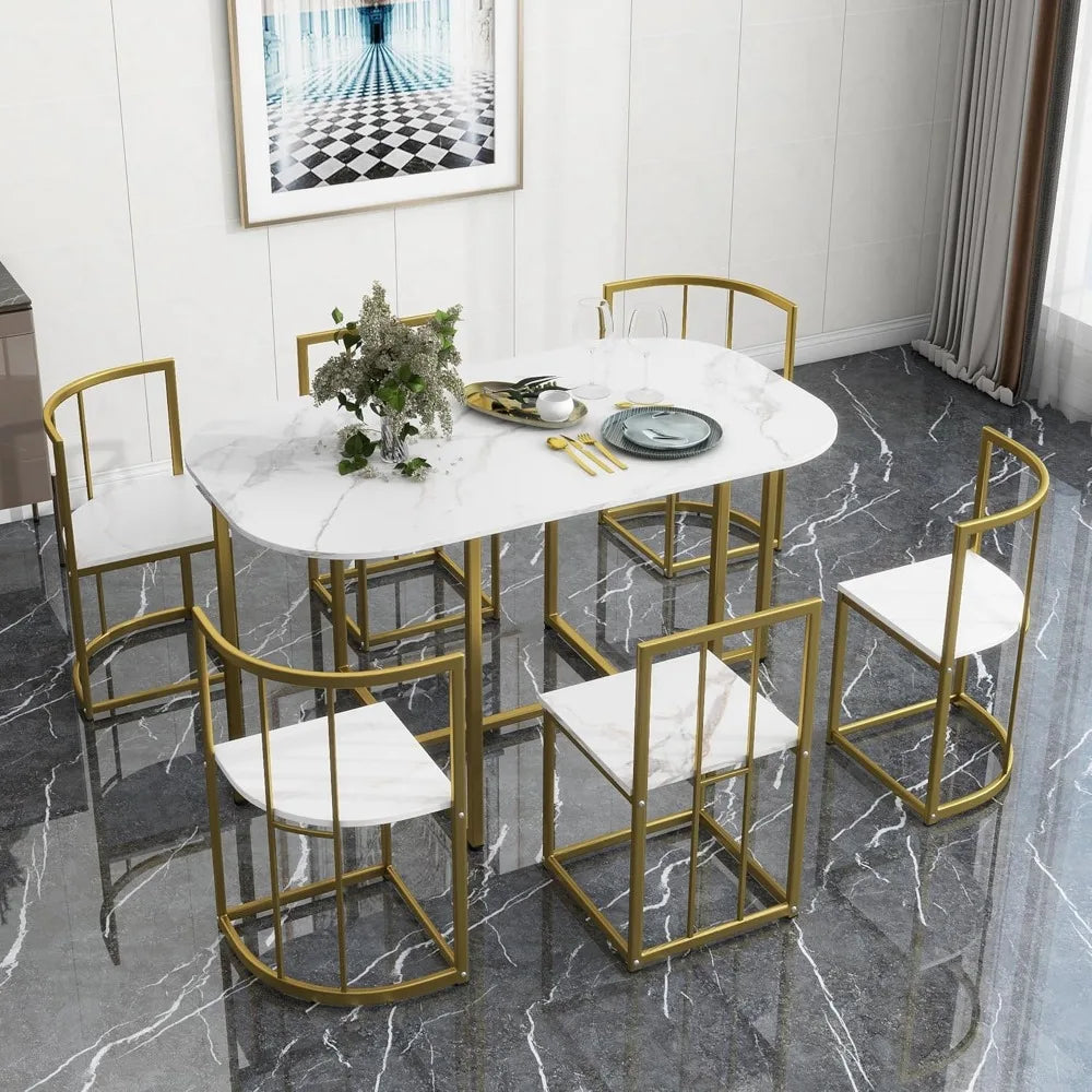 Modern 7-Piece Dining Table Set with Faux Marble Table and Triangular Chair
 Design Compact 55Inch Kitchen Table Set Small Places