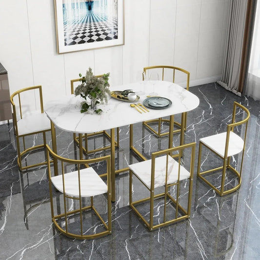 Modern 7-Piece Dining Table Set with Faux Marble Table and Triangular Chair
 Design Compact 55Inch Kitchen Table Set Small Places