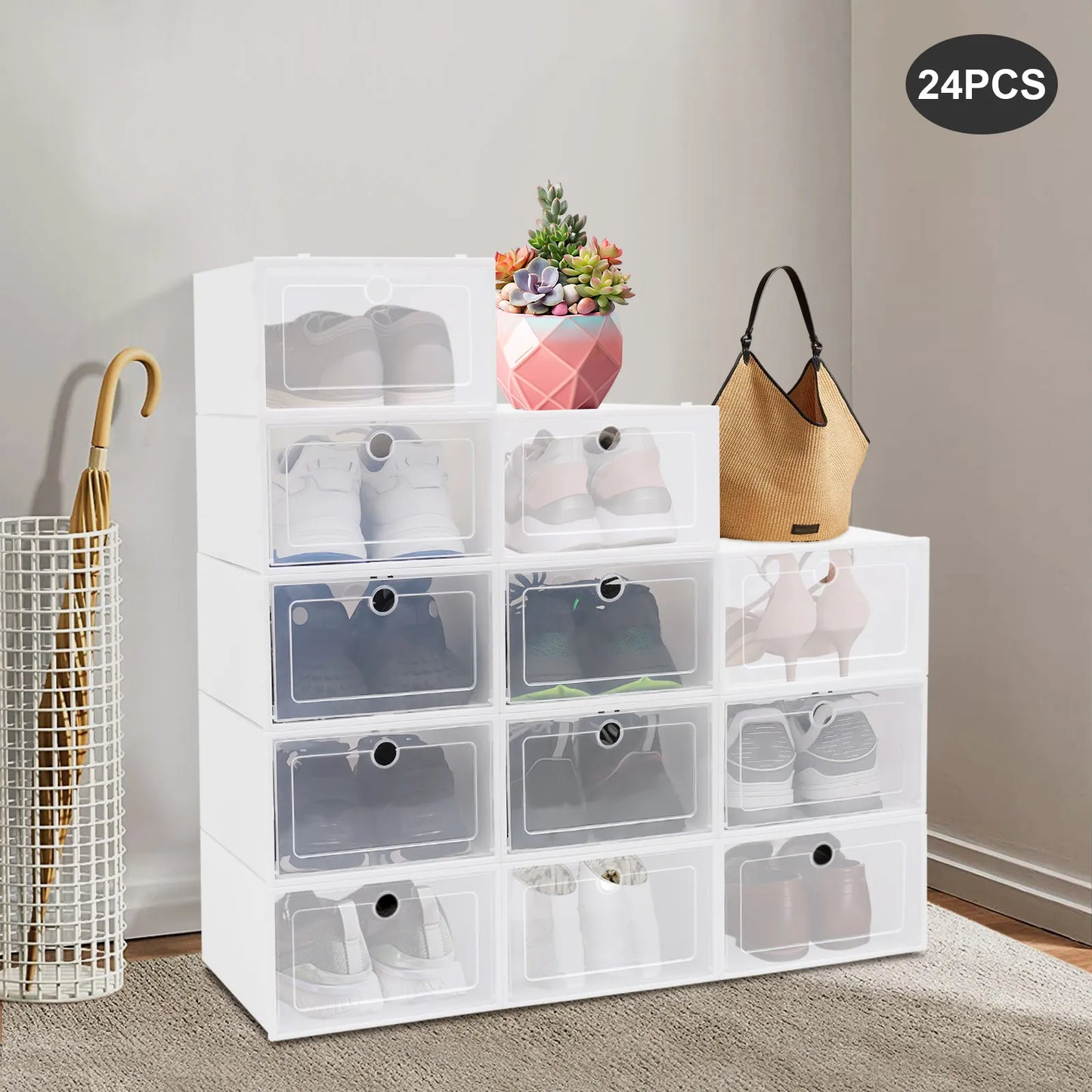 24 Pack Stackable Shoebox Thicken & Sturdy Clear
 Multifunctional Shoe Box for Universal Shoe Storage and Sneaker Boot Container