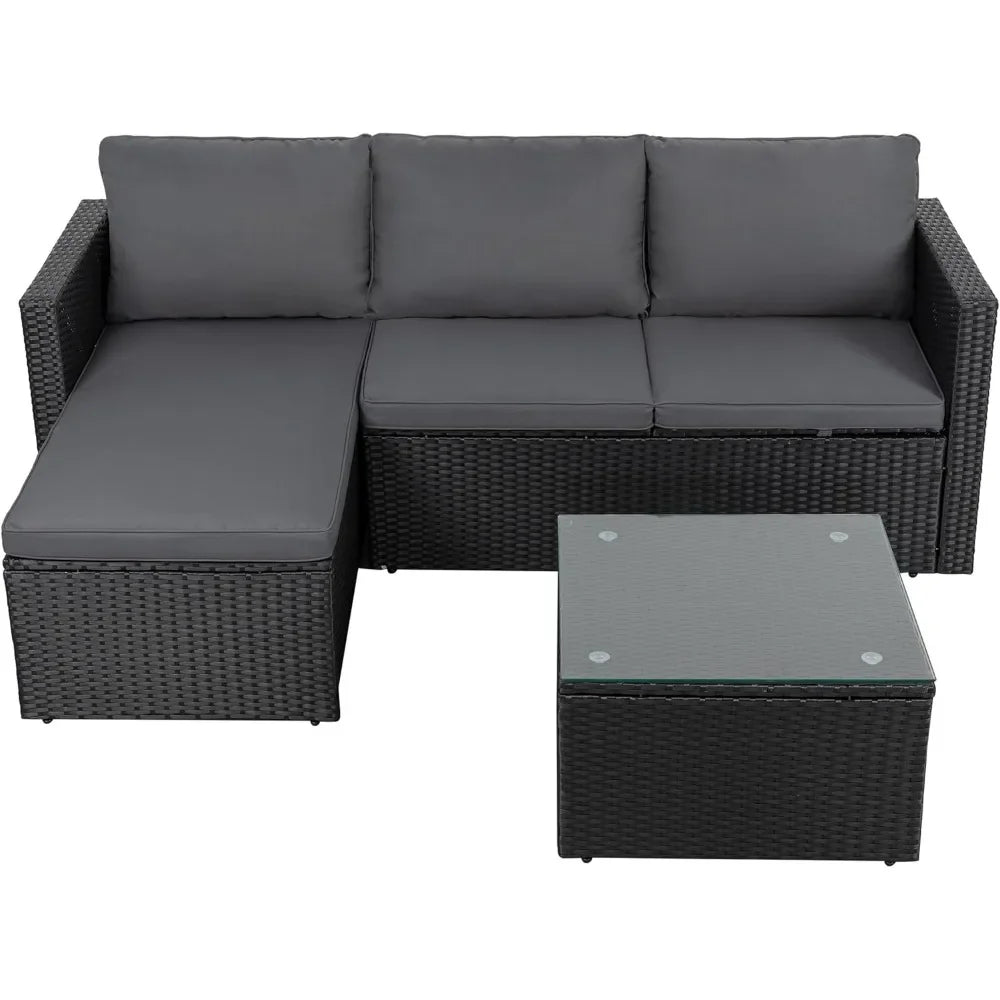 All-Weather Rattan Wicker Sofa with Washable Cushion and Glass Table