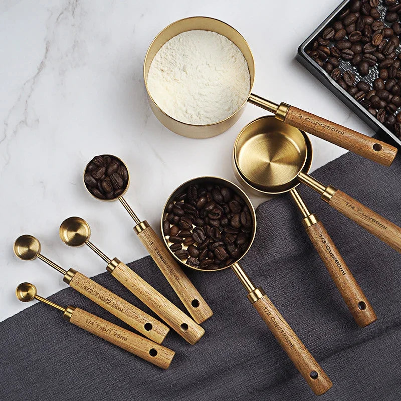 8pcs Wooden Gold Measuring Cups And Spoons,