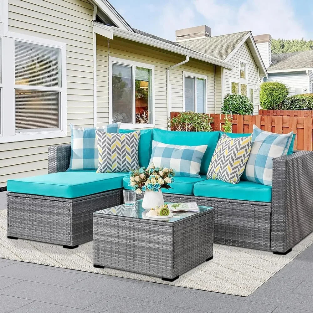 All-Weather Rattan Wicker Sofa with Washable Cushion and Glass Table