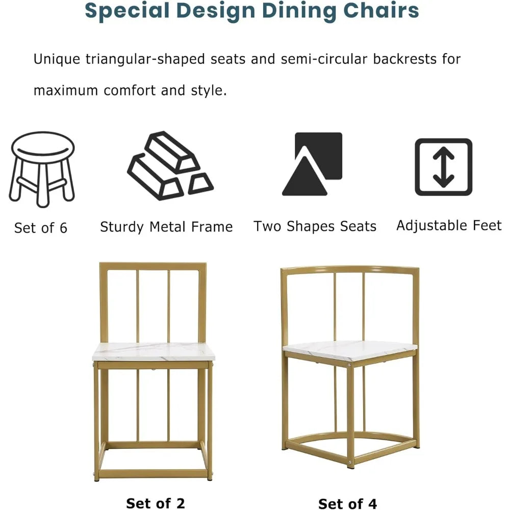 Modern 7-Piece Dining Table Set with Faux Marble Table and Triangular Chair
 Design Compact 55Inch Kitchen Table Set Small Places