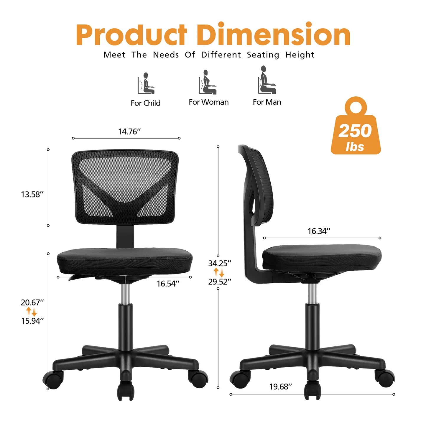 Office Mesh with Lumbar Support Armless  Chair 
Low Back with Wheels Adjustable Height 360° Rolling Swivel Computer Chair
