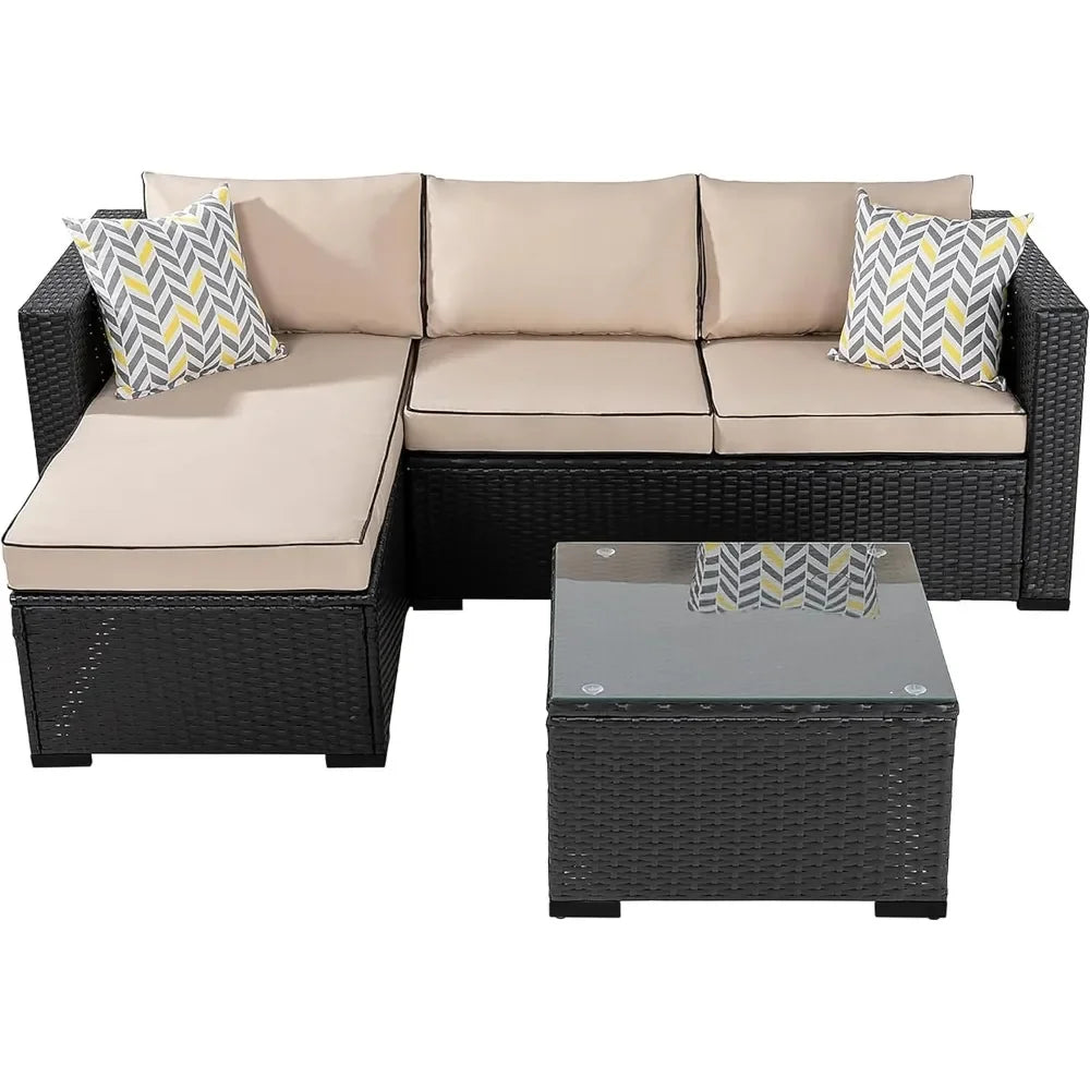 All-Weather Rattan Wicker Sofa with Washable Cushion and Glass Table