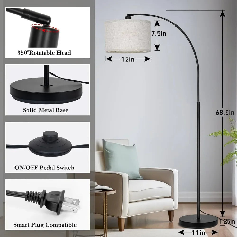 Modern Standing Lamp with Adjustable Drum Shade, Arched Floor Lamp with Foot Switch