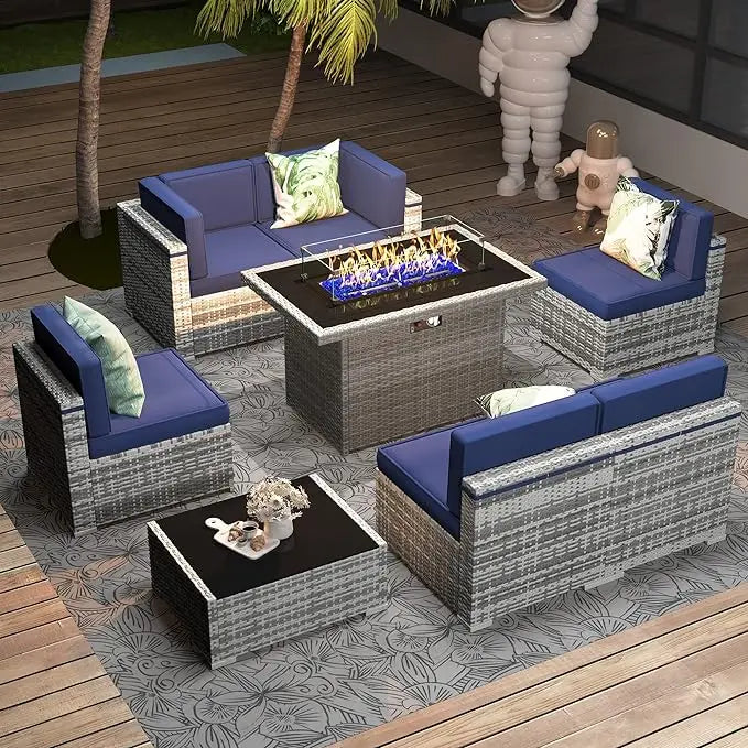 8 Piece Patio Furniture Set with 44" Propane Gas Fire Pit Table, Outdoor Wicker Conversation Sofa Set with Coffee Table