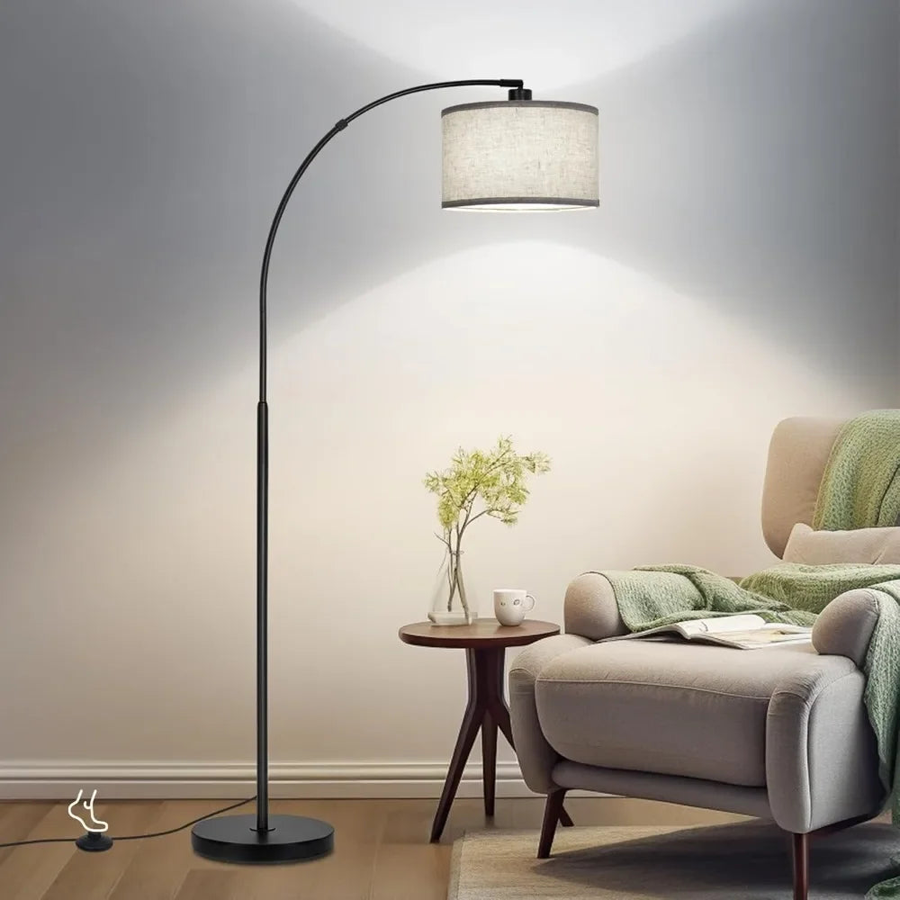 Modern Standing Lamp with Adjustable Drum Shade, Arched Floor Lamp with Foot Switch