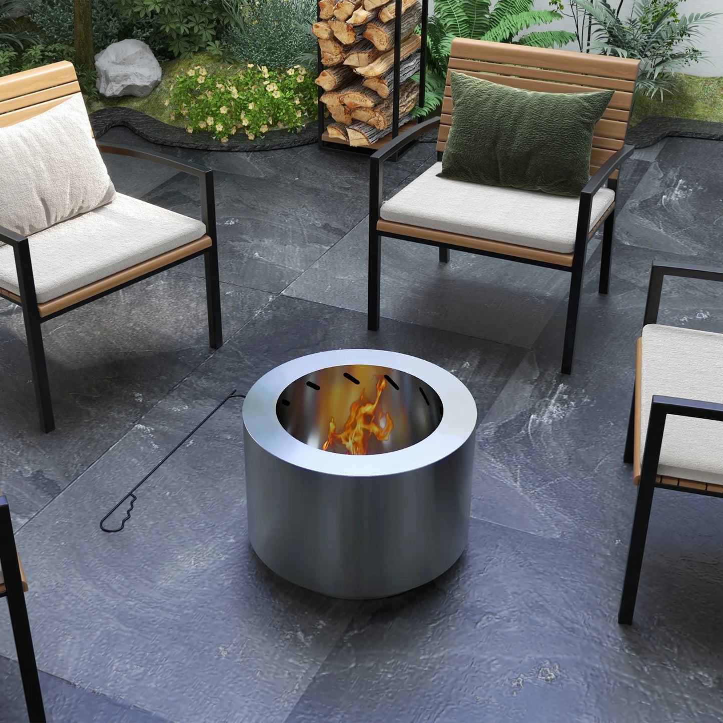 Outsunny Smokeless Fire Pit with Poker 19" Firepit, Stainless Steel, Silver