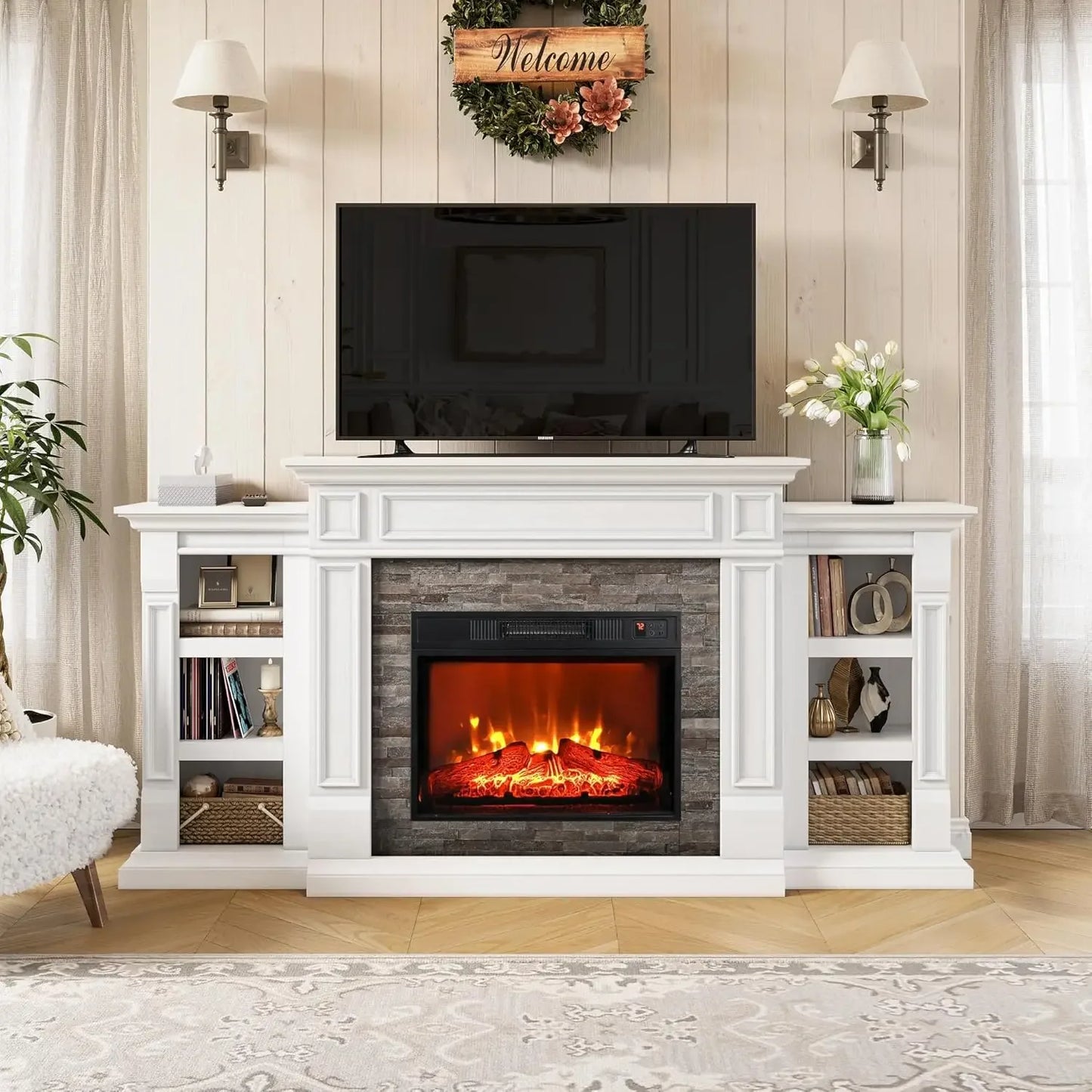 Electric Fireplace TV Stand with Mantel and Cabinets,