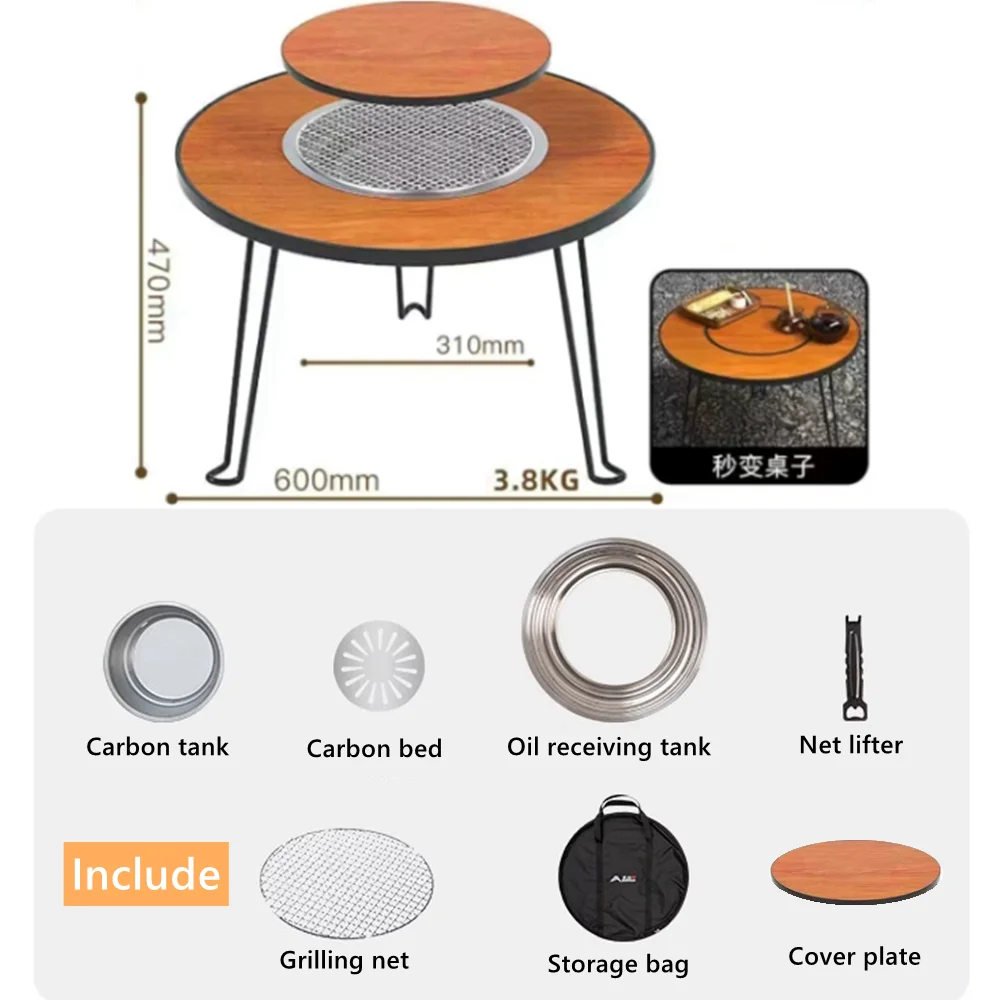 Folding Barbecue Round Table Wood Stove Portable Camping BBQ Charcoal Grill Lightweight Brazier Table Picnic Patio Tea Boiling