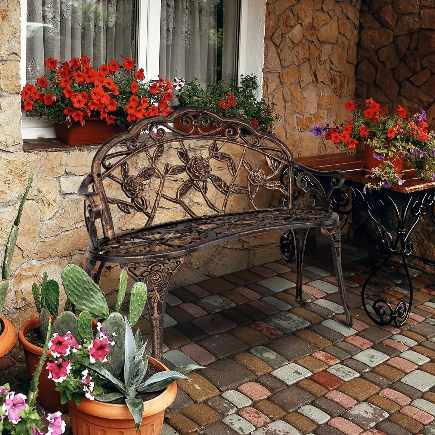 38.5" Patio Park Garden Outdoor Metal Rose Bench,