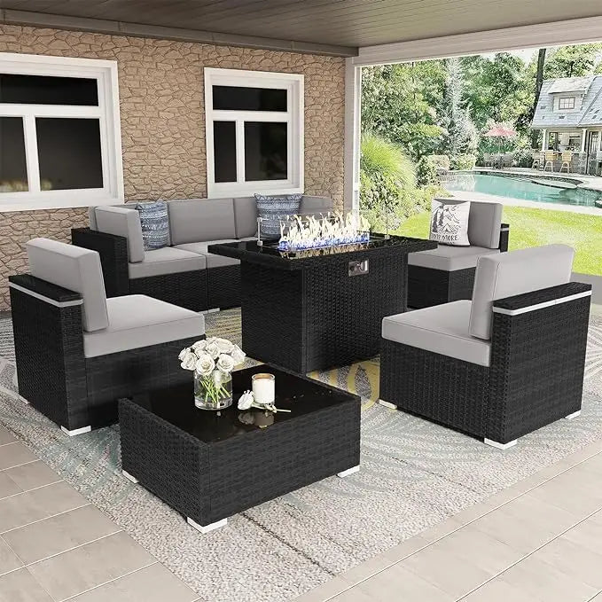 8 Piece Patio Furniture Set with 44" Propane Gas Fire Pit Table, Outdoor Wicker Conversation Sofa Set with Coffee Table