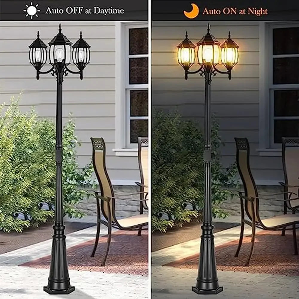 Outdoor Lamp Post Light with GFCI Outlet 3-Head Glass Panels