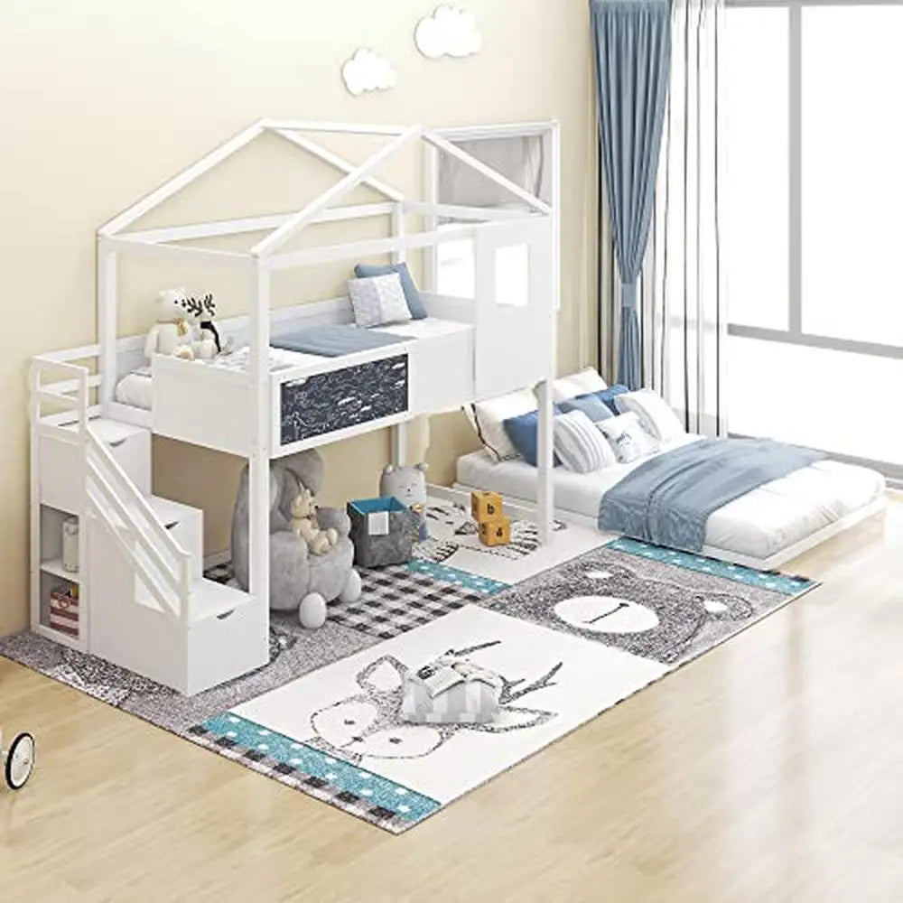 Kids Mini Loft Bed with Storage Stairs & Play Area House Bunk Beds